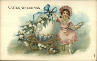 Easter - Little Girl Bonnet Dressed Decorated Egg C1910 Embossed Postcard