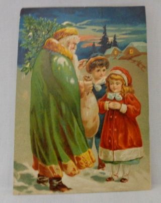 Antique Vintage Santa Claus Green Coat Brown Fur W/ Children Christmas Postcard