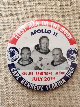 1969 Apollo 11 Saturn V Pin Pinback Button Space Moon Armstrong Nasa 3.  5 Inch