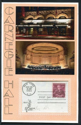 Carnegie Hall Postcard With First Day Of Issue Postmark On Carnegie Stamp