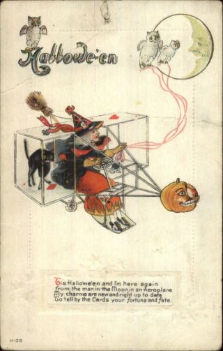 Halloween Nash H - 35 Witch In Biplane Man In The Moon Postcard