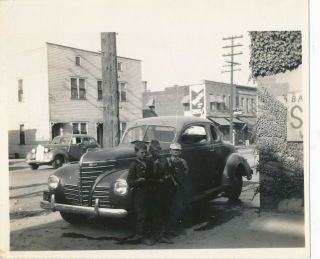 A6 Vintage Snapshot Photo 3x4 Street Scene Boys With Old Plymouth Car