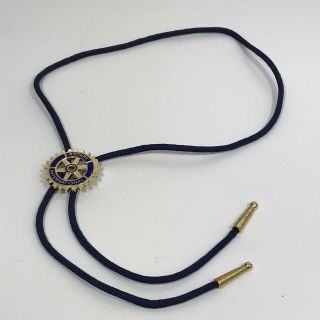 Vintage Rotary International Bolo Tie Gold Tone Blue Enamel Cog Black Cord