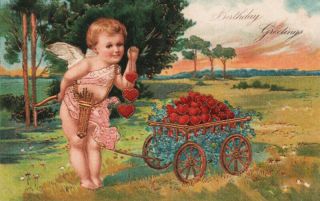 Vibrant Gold Embel Precious Cupid Cherub Angel Cart Full Valentine Heart