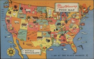 United States Map Fred Harvey Foo Map Linen Postcard