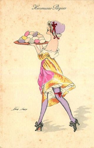 Artist Signed Postcard Sexy Woman W/ Tray Of Colored Eggs - Xavier Sager