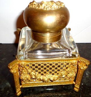 Antique Bronze And Glass Inkwell