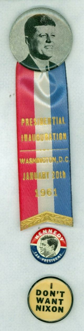 3 Vintage 1960 - 61 President John Kennedy Campaign Pinback Buttons 1 W/ribbon