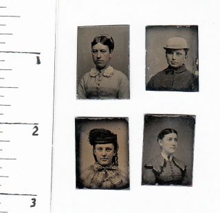 4 Civil War Era Miniature Gem Tintype Photos Of Women.  284