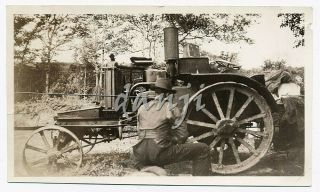 Man On Unusual Antique Steam Engine Tractor Old Back To Camera Farm Photo