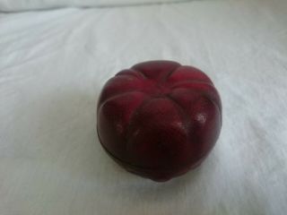 ANTIQUE NOVELTY RED LEATHER TRAVELLING INKWELL APPLE MELON TOMATO ? FRUIT SHAPE 2