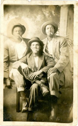 Antique B/w Rppc - 3 Black Men Sitting For A Photo Smoking Cigarettes