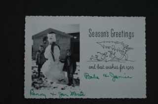 Vintage Photo Christmas Card Boy & Girl W/ Snow Man 970049