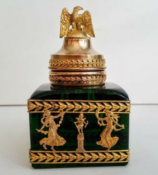 19th Century French Empire Ormolu Bronze Possibly Baccarat Green Crystal Inkwell