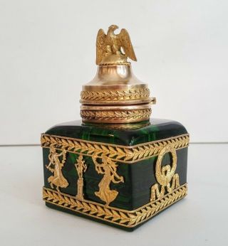 19th CENTURY FRENCH EMPIRE ORMOLU BRONZE POSSIBLY BACCARAT GREEN CRYSTAL INKWELL 2