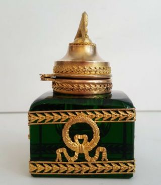 19th CENTURY FRENCH EMPIRE ORMOLU BRONZE POSSIBLY BACCARAT GREEN CRYSTAL INKWELL 5