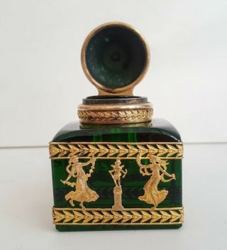 19th CENTURY FRENCH EMPIRE ORMOLU BRONZE POSSIBLY BACCARAT GREEN CRYSTAL INKWELL 7