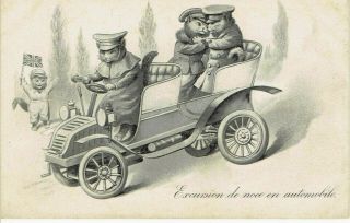 Early 1900s Artist Drawn Old Postcard Anthropomorphic Cats In Vintage Car