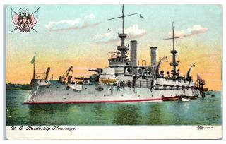 Early 1900s Us Navy Wwi Battleship Kearsarge (bb - 5) Great White Fleet Postcard