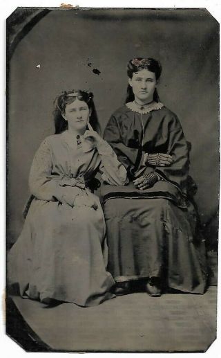 Tintype Photograph Two Women Identified As Barbara And Mary Burdett