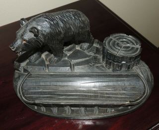 Black Forest BEAR Antique INKWELL Hand - Carved Wood Glass Eyes Porcelain Ink Well 3