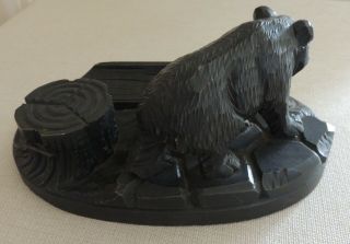 Black Forest BEAR Antique INKWELL Hand - Carved Wood Glass Eyes Porcelain Ink Well 4