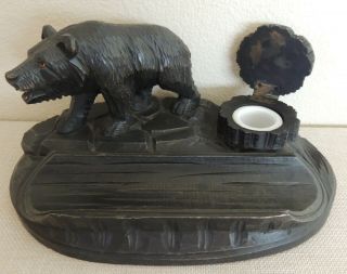 Black Forest BEAR Antique INKWELL Hand - Carved Wood Glass Eyes Porcelain Ink Well 5