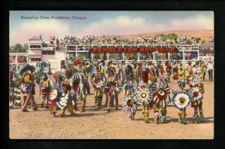 Native Americana Vintage Postcard Indian Round Up Time Pendleton Oregon Linen