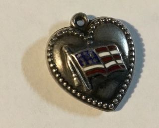 Vintage Sterling Puffed Heart With Enamel Red White And Blue Embossed Flag
