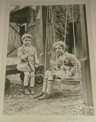 Vintage Old Photo Of Very Cute Little Girl & Boy On Swing In Wool Coats & Berets