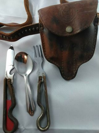 Vintage Boy Scout Utensil Set Geo Schrade Knife Fork Spoon Pouch Sheath Mess Kit