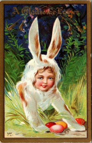 Easter Fantasy Little Girl In Bunny Suit In Tall Grass Guards Colored Eggs Nash
