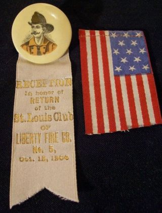 1904 Firemans Honorary Pinback Badge & Liberty Fire Co Ribbon,  13 Star Silk Flag