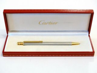Cartier Must De Santos Ballpoint Pen In Silver Lacquer Finish & Gold Trim -