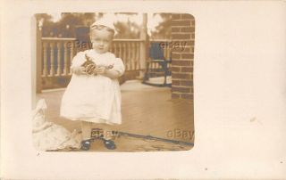Rppc Real Photo Postcard Child With Toy Lehmann Balky Mule Clown Tin Wind - Up Old
