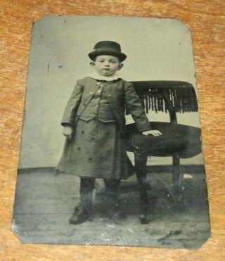 Antique Victorian Tintype Photograph Of A Little Girl Leaning On A Chair