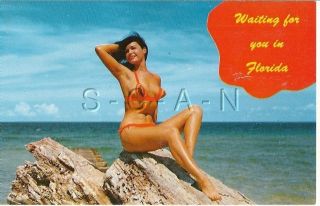 1950s - 60s Pinup Pc - Semi Nude Woman - Beach - Bikini - Bettie Page On Rock