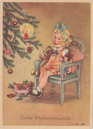 1949 M.  H.  Cute Little Girl W/ Teddy Bear Doll Toys Year Old German Postcard