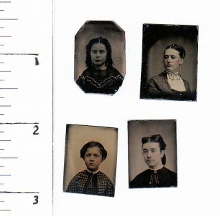 4 Civil War Era Miniature Gem Tintype Photos Of Women.  286