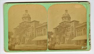 Stereoview Of City Hall,  Portland Oregon.  Shows Front Street Scene,  With Horse.