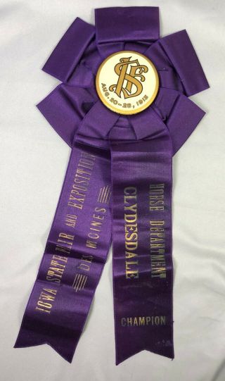 1913 Iowa State Fair Horse Clydesdale Champion Ribbon Celluloid Pin