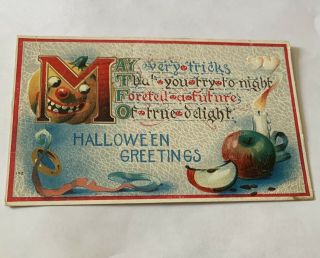 Vintage 1910 Halloween Postcard - Jack O’lantern - Apple - Candle - Winsch Back
