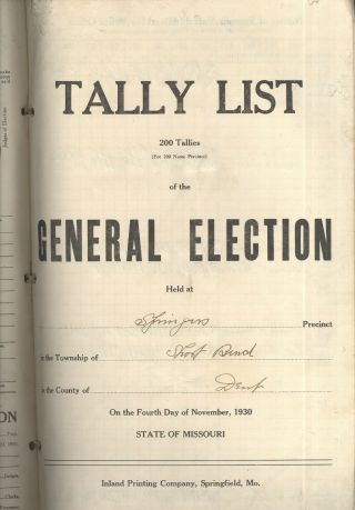 POLL BOOK FROM DENT CO MISSOURI,  SHORT BEND Twp.  special listing do not buy 2