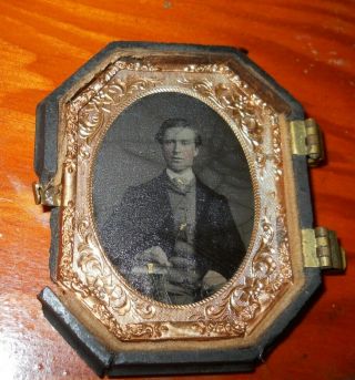 Antique Tintype Photo In Brass Frame And Half Case About 1/9th Size