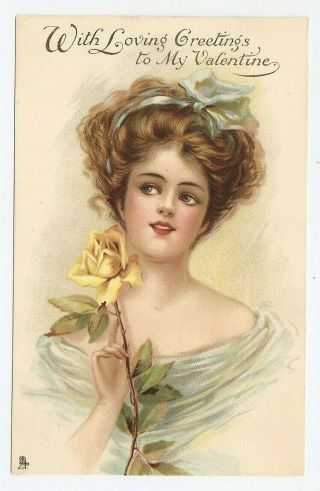 With Loving Greetings To My Valentine Woman Yellow Rose Tuck Postcard