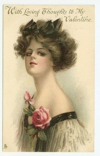 Loving Thoughts To My Valentine Woman Red Rose Corsage Tuck Postcard