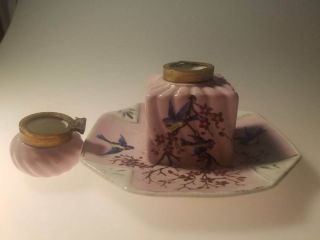 Antique Porcelain Ink Well with Bluebirds Swallows Cherry Blossoms NR 2