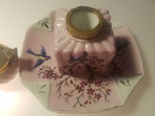 Antique Porcelain Ink Well with Bluebirds Swallows Cherry Blossoms NR 3