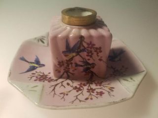Antique Porcelain Ink Well with Bluebirds Swallows Cherry Blossoms NR 4