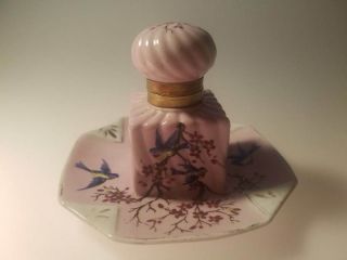 Antique Porcelain Ink Well with Bluebirds Swallows Cherry Blossoms NR 5